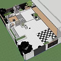 Modern Garden Landscape Design With Paved Patio Purple Tree Green Shrubs And Bar