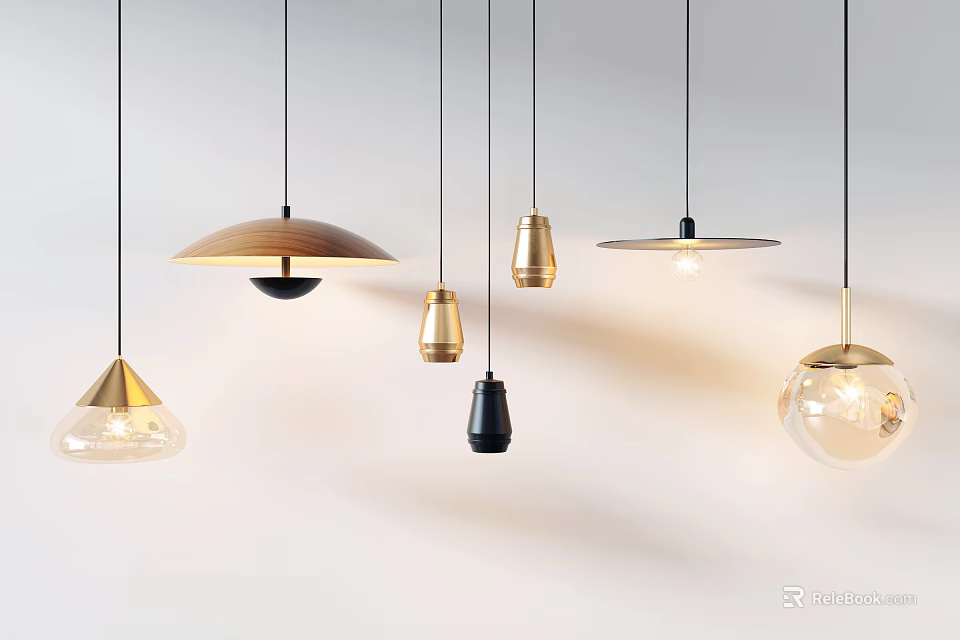 Modern Stylish Pendant Lights with Wooden Metal and Glass Designs in Various Shapes 3d model 