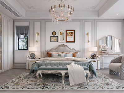 Elegant Classic Bedroom Interior With Chandelier Carved Headboard Wall Art And Area Rug 3d model