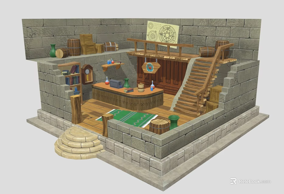 Medieval Stone Chamber Interior With Wooden Staircase Counter Bookshelves Barrels Magic Scroll And Green Rug 3d model 