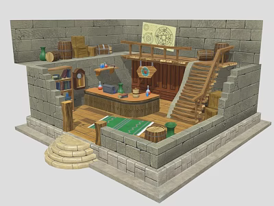 Medieval Stone Chamber Interior With Wooden Staircase Counter Bookshelves Barrels Magic Scroll And Green Rug 3d model