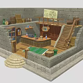 Medieval Stone Chamber Interior With Wooden Staircase Counter Bookshelves Barrels Magic Scroll And Green Rug