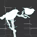 Artistic Twig Woven Bird Models Perched On Branch Against Dark Background