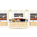 Modern Wooden Display Shelves With Gold Trim And Multiple Product Layers