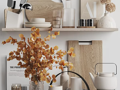 Stylish Kitchenware Display With Ceramic Teapot Cups Wooden Cutting Board And Decorative Plant On Shelf 3d model