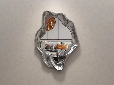 Modern Silver Twisted Mirror Reflecting Room Interior With Sofa And Pillows 3d model