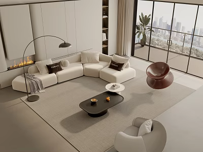 Modern Minimalist Living Room With Curved Sofa Indoor Fireplace And Large Panoramic City View Windows 3d model