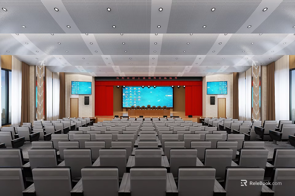 Spacious Conference Room With Seating Arrangement Front Main Screen Side Monitors Red Backdrop And Ceiling Lights 3d model
