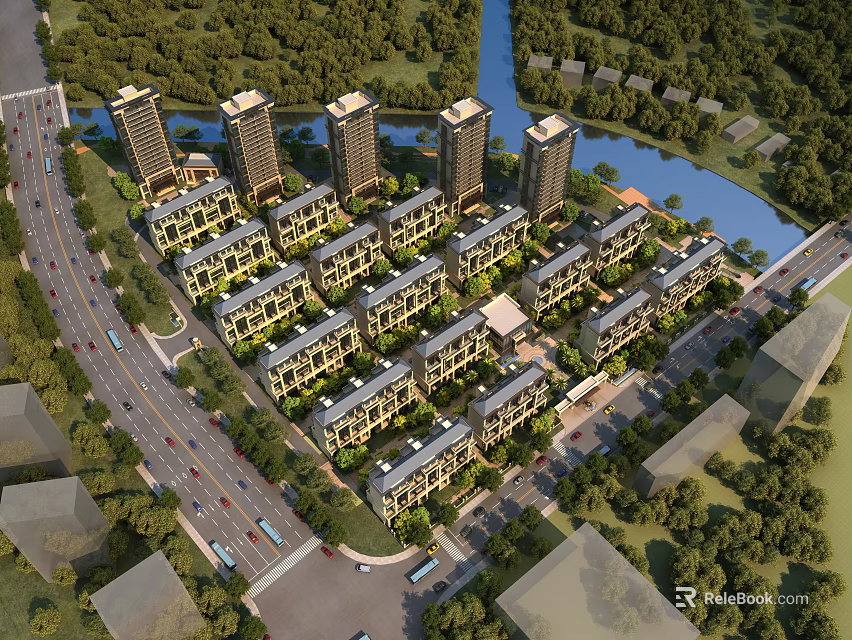 Aerial View Planning of Modern Residential Community with High-rise Buildings Low-rise Houses Greenery and Roads 3d model 