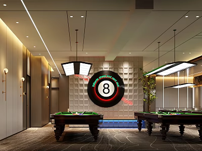 Modern Billiard Room Interior With Billiard Tables 8 Ball Logo And Hanging Lighting Fixtures 3d model
