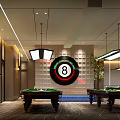 Modern Billiard Room Interior With Billiard Tables 8 Ball Logo And Hanging Lighting Fixtures