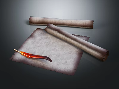 Ancient Paper Sheets With Rolled Scrolls And Feather Quill On Dark Background 3d model