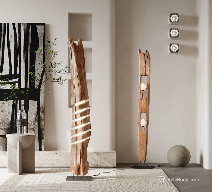 Modern Natural Wooden Floor Lamp With Tree Trunk Shape And Warm Light For Interior Design 3d model 