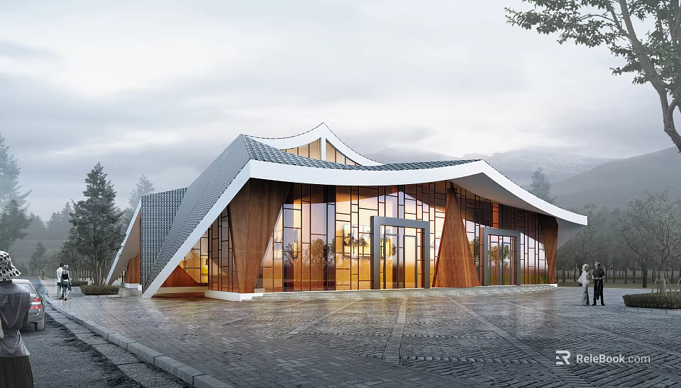 Modern Architectural Building With Unique Sloped Roof Glass Facade And Wooden Structure Surrounded By Trees 3d model 