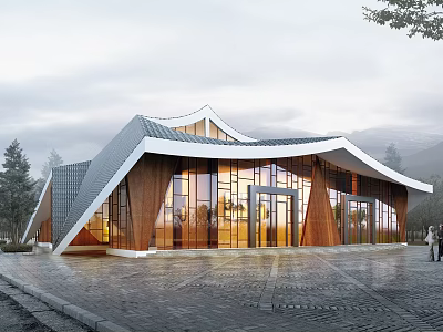 Modern Architectural Building With Unique Sloped Roof Glass Facade And Wooden Structure Surrounded By Trees 3d model