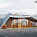 Modern Architectural Building With Unique Sloped Roof Glass Facade And Wooden Structure Surrounded By Trees