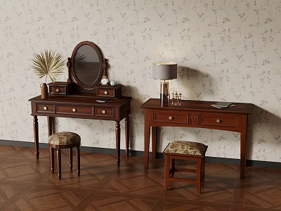 Wooden Dressers With Mirror Table Lamp And Potted Plant On Floral Wallpaper Parquet Floor 3d model