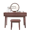 Modern Wooden Dressing Table With Round Mirror Matching Stool And Cosmetic Items 3d model
