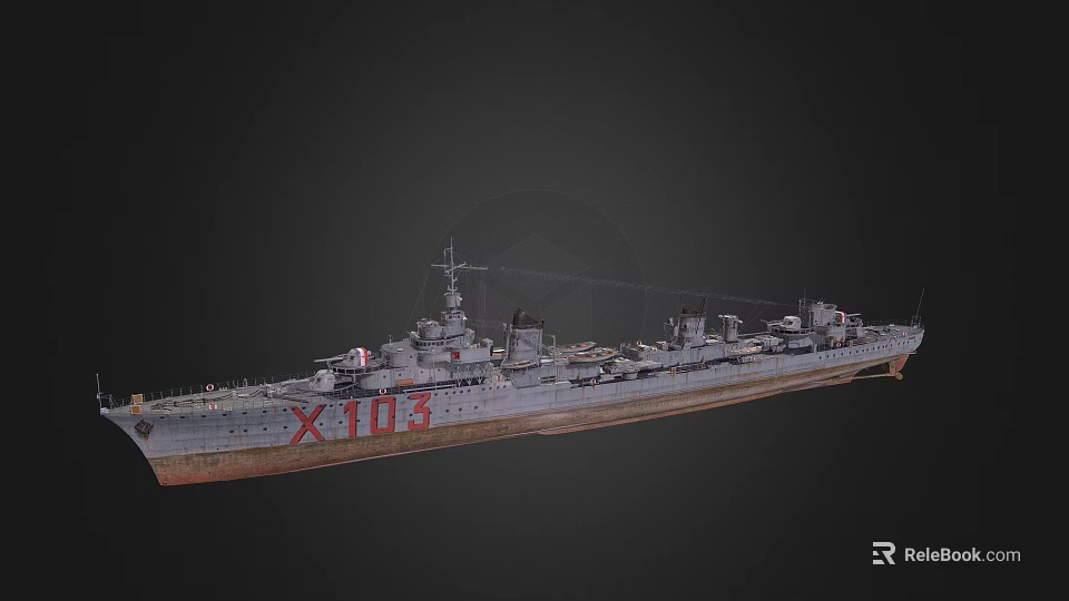 Gray Warship X103 With Detailed Deck Structures And Naval Equipment 3d model