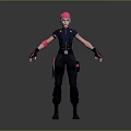 3D Game Character Model With Pink Hair Dark Blue Top And Black Pants