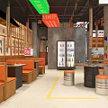 Hot Pot Restaurant Interior Featuring Korean Signboards Barrel Stools and Yellow Floor Lines