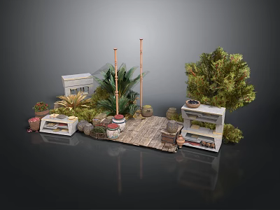 Outdoor Garden Decorative Scene With Wooden Deck White Shelves Green Plants And Clay Pots 3d model