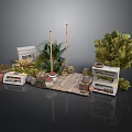 Outdoor Garden Decorative Scene With Wooden Deck White Shelves Green Plants And Clay Pots