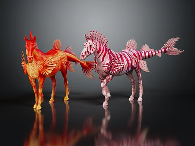 Colorful Mythical Horse Fish Hybrid Creatures With Orange Wings And Pink White Striped Tail 3d model