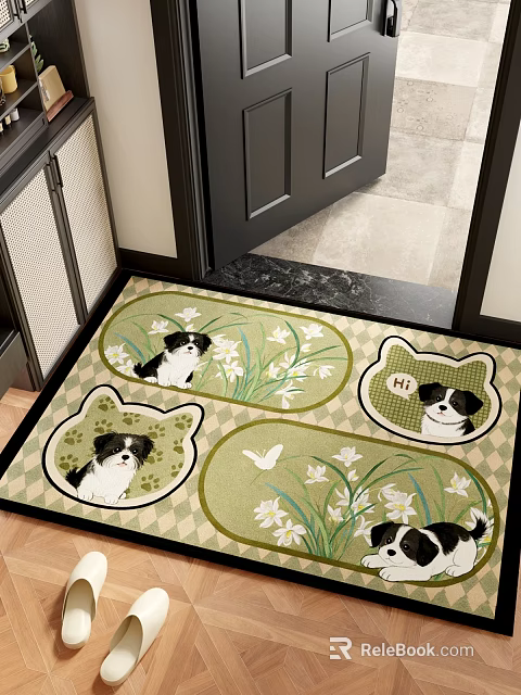 Entryway Rug Design With Cute Puppies Flowers Butterfly And Hi Text 3d model 