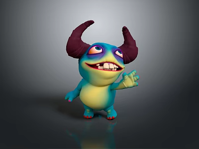Cute 3D Cartoon Creature With Big Horns Blue Yellow Body Smiling Waving Hand 3d model