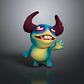 Cute 3D Cartoon Creature With Big Horns Blue Yellow Body Smiling Waving Hand