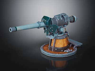 Vintage Artillery Cannon With Metal Structure Wooden Base And Mechanical Parts 3d model