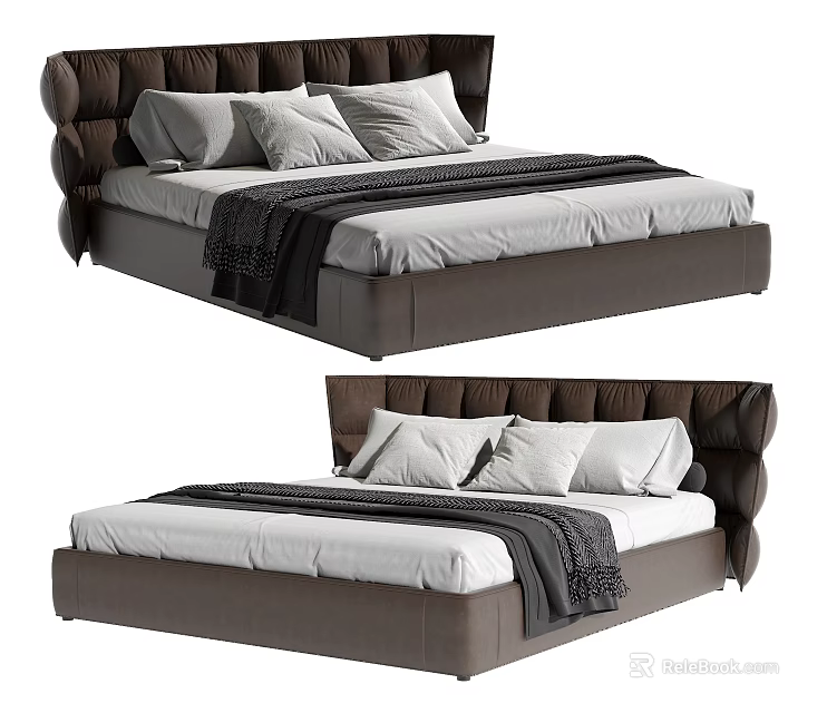 Modern Brown Tufted Headboard Double Bed With White Bedding And Dark Throw Blanket 3d model