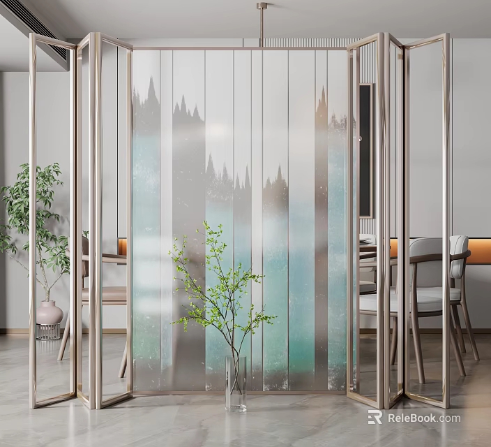 Modern Glass Room Divider With Gradient Color And Metal Frame In Living Space 3d model 