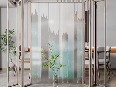 Modern Glass Room Divider With Gradient Color And Metal Frame In Living Space 3d model
