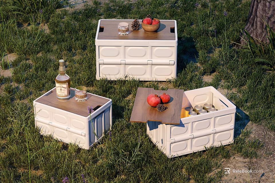 White Storage Boxes with Wooden Lids Holding Apples Bottles and Glasses on Grass 3d model 