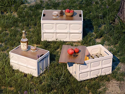 White Storage Boxes with Wooden Lids Holding Apples Bottles and Glasses on Grass 3d model