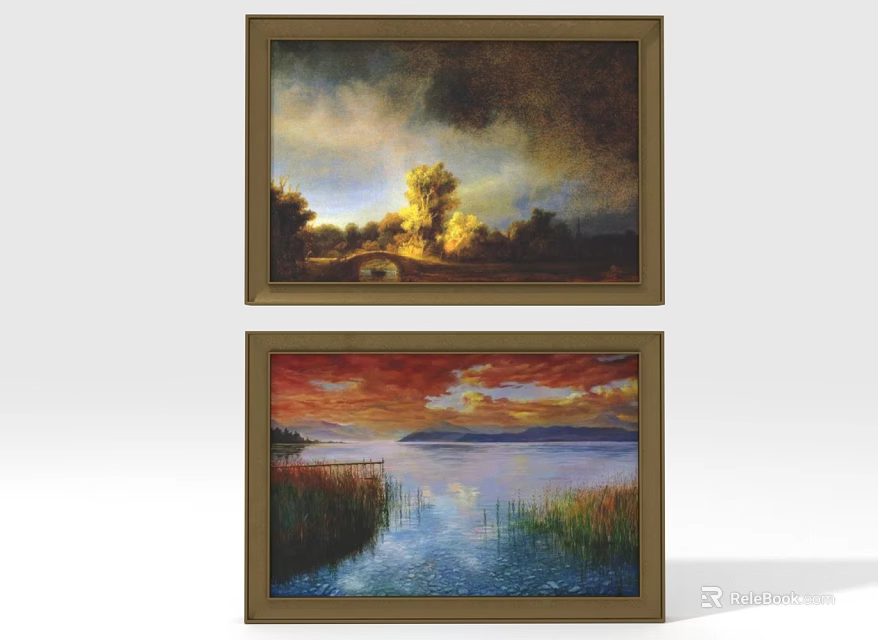 Decorative Landscape Wall Art Paintings With Sunset Lake And Forest Scenery 3d model 