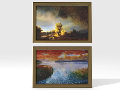 Decorative Landscape Wall Art Paintings With Sunset Lake And Forest Scenery 3d model