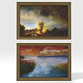 Decorative Landscape Wall Art Paintings With Sunset Lake And Forest Scenery