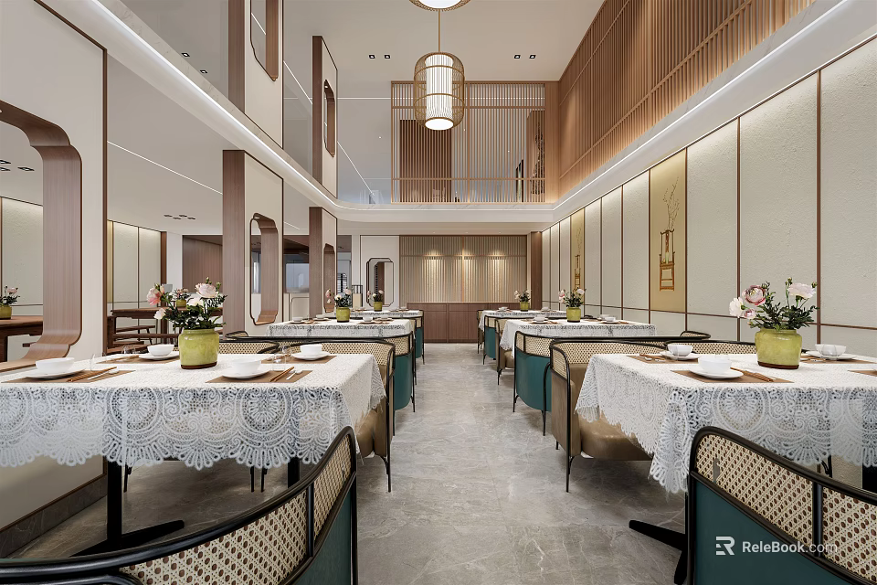 Chinese Style Restaurant Interior With Dining Tables Chairs Pendant Lights And Decorative Paintings 3d model 