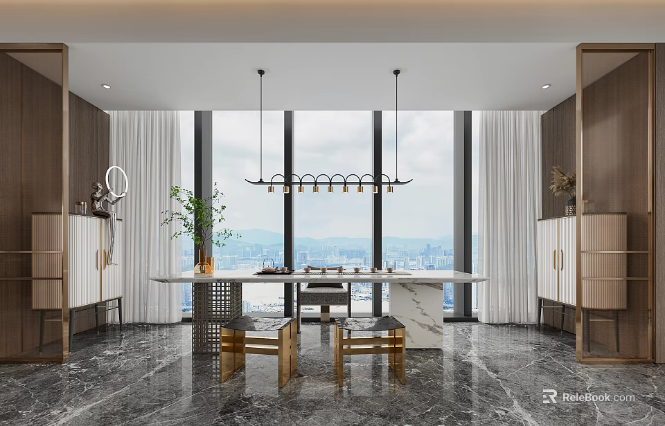 Modern Tea Room Interior With Large Windows City View And Marble Flooring 3d model