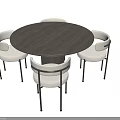 Modern Round Dining Table Set With Wooden Tabletop And White Upholstered Chairs With Black Metal Frames