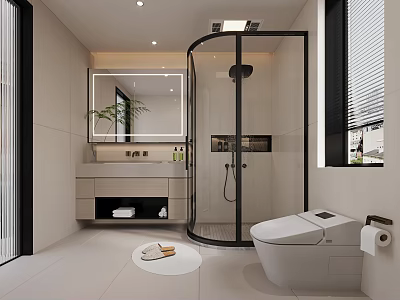 Modern Bathroom Interior Design With Glass Shower Enclosure Vanity Mirror And Toilet 3d model