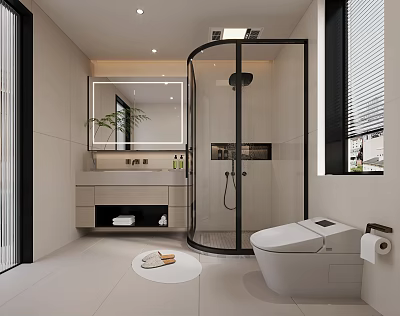 Modern Bathroom Interior Design With Glass Shower Enclosure Vanity Mirror And Toilet 3d model