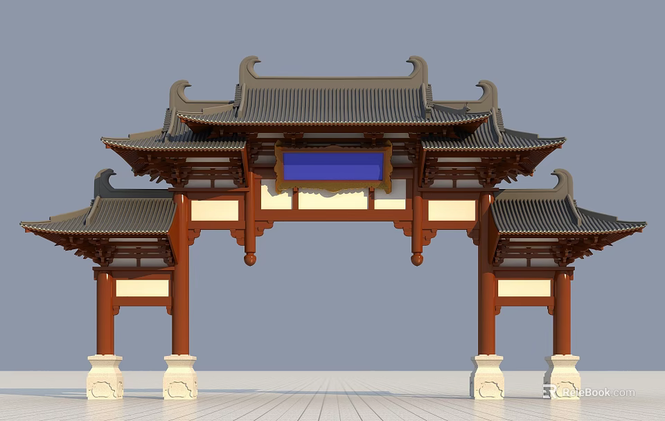 Ancient Chinese Architectural Archway with Traditional Curved Roof Wooden Frame and Blue Plaque 3d model 