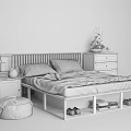 Double Bed With Wooden Headboard White Frame Under Bed Storage And Nightstand With Vase