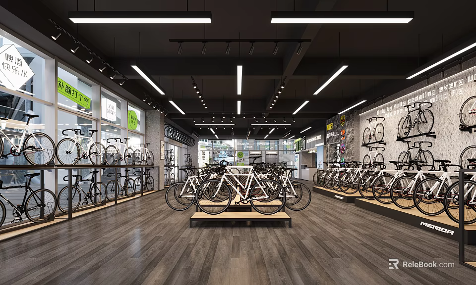 Modern Bicycle Store Interior With Multiple Bicycles On Shelves And Bright Lighting 3d model 