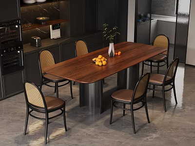 Modern Dining Table With Six Chairs Fruits Vase And Dark Kitchen Cabinets 3d model