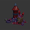 Colorful Cartoon Castle Ruins With Red Towers Blue Barrels And Toy Parts